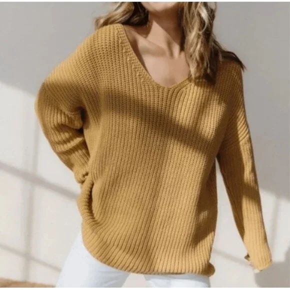 Jenni Kayne Cotton Cabin Knit Pullover Sweater Oversized Mustard Yellow Size Med